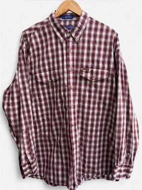 Pendleton Plaid Button Down Shirt Red White Mens XL 100% Cotton Western Country